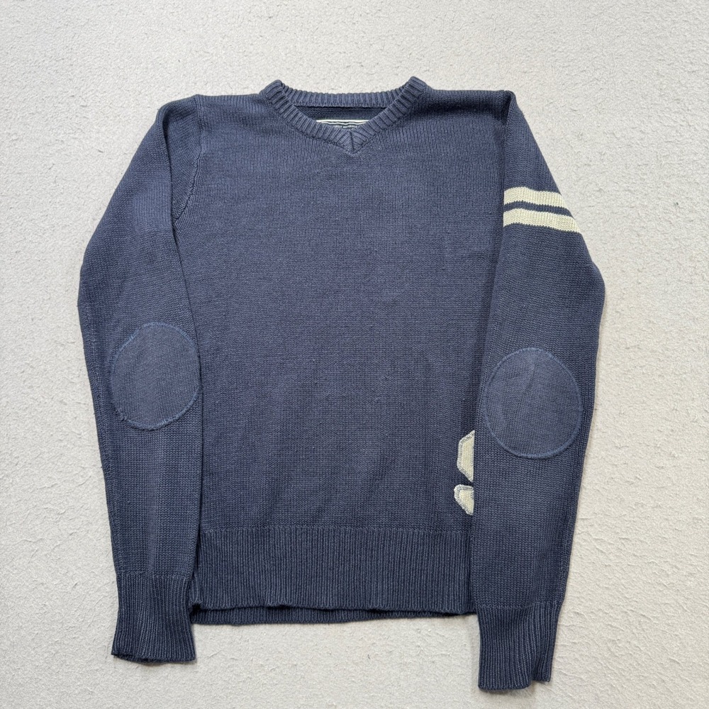 Y2K Bluenotes Sweater Men's Small Blue V-Neck Varsity Elbow Patch Knit Pullover